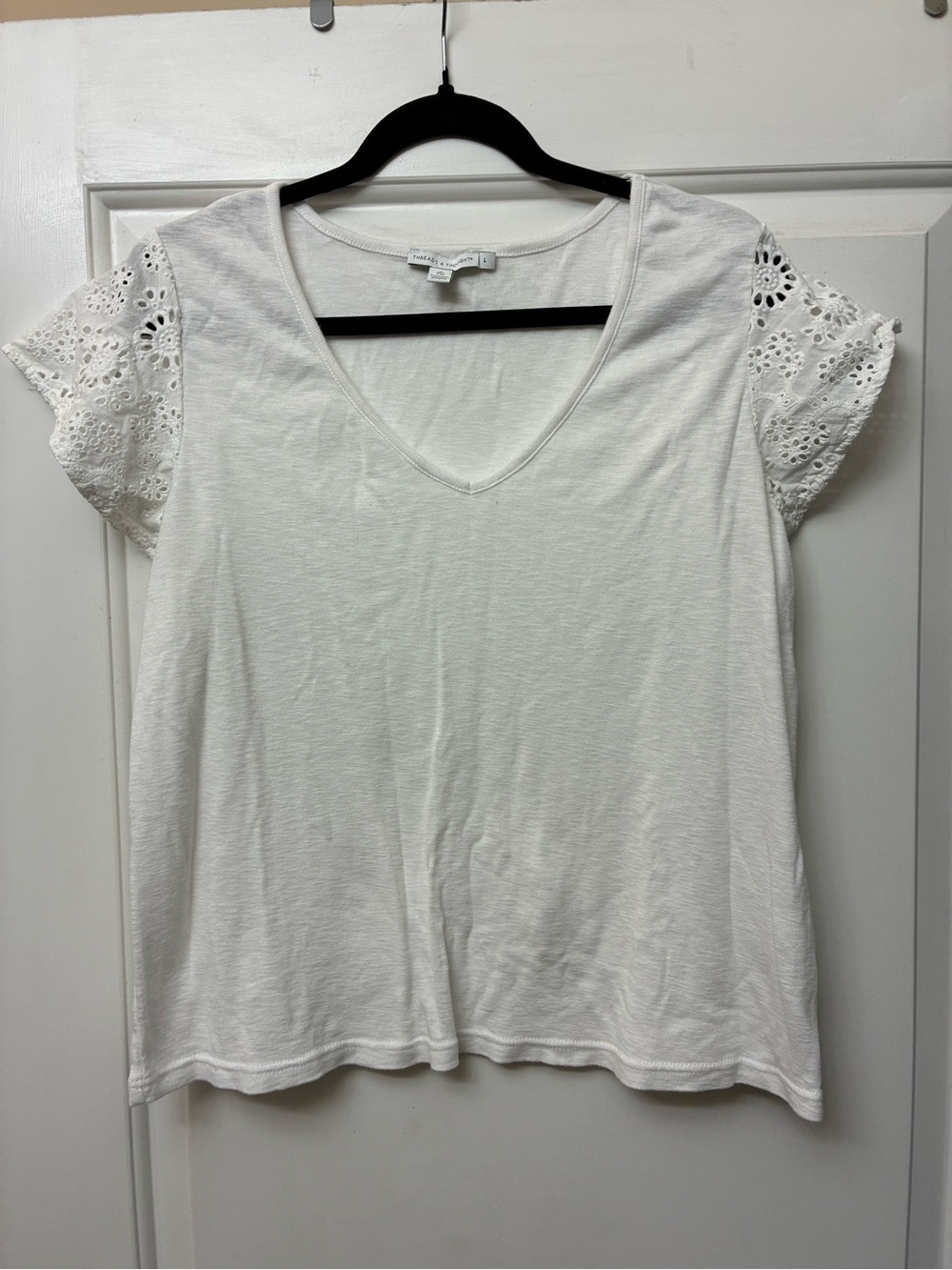 Threads 4 Thought White V-Neck Tee with Eyelet Short Sleeves